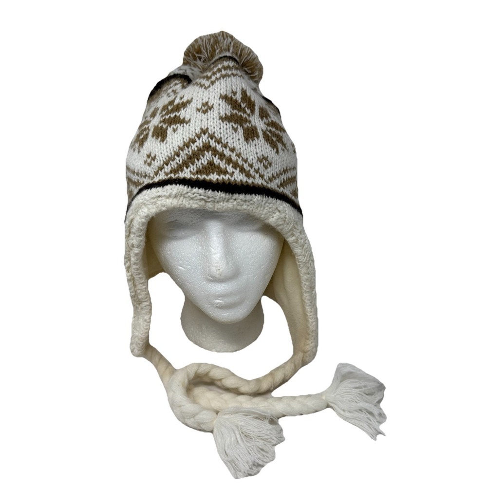 Cozy Knit Fair Island Hat Pom Pom Beanie Ear Flaps Brown Beige‎